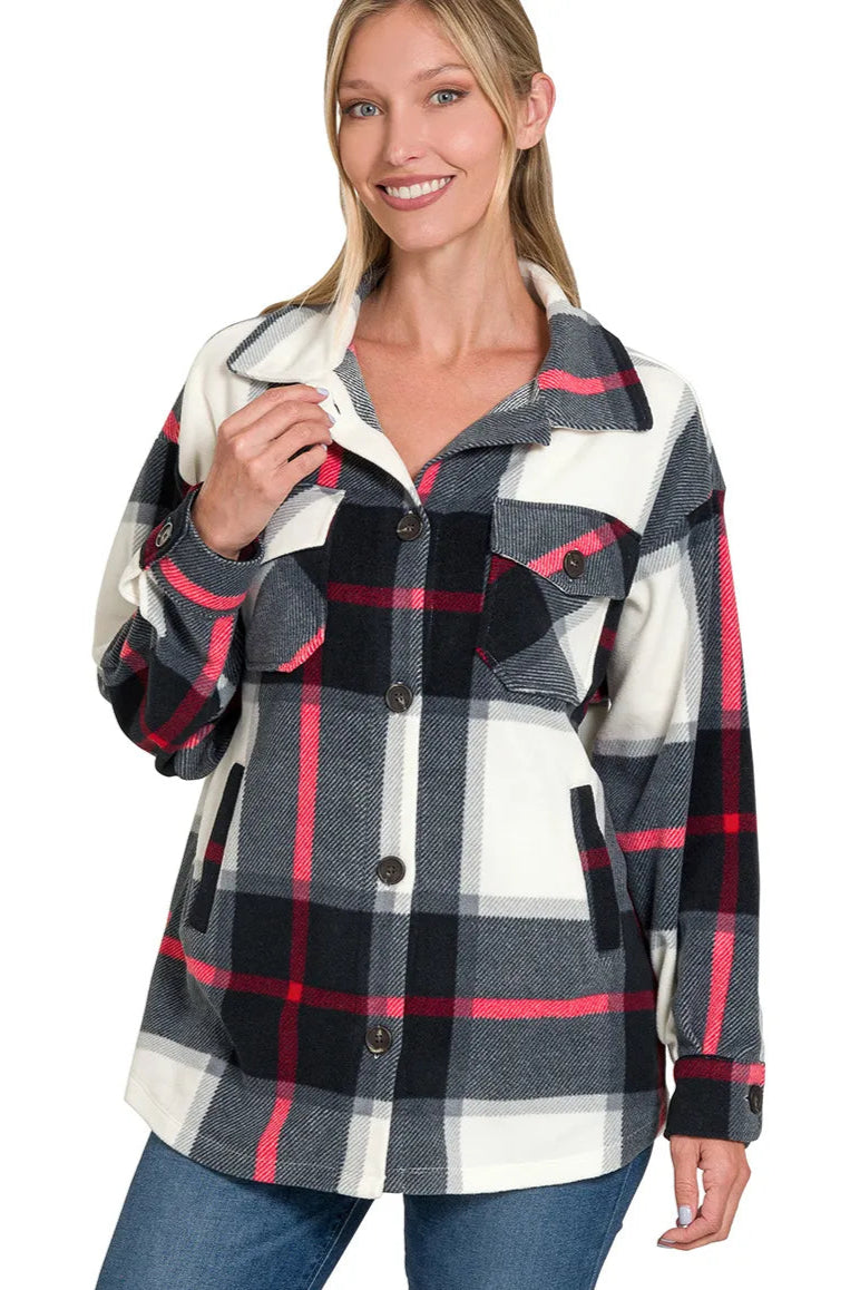 Sarah Express Women’s Oversized Plaid Fleece Shacket Casual Fall Spring