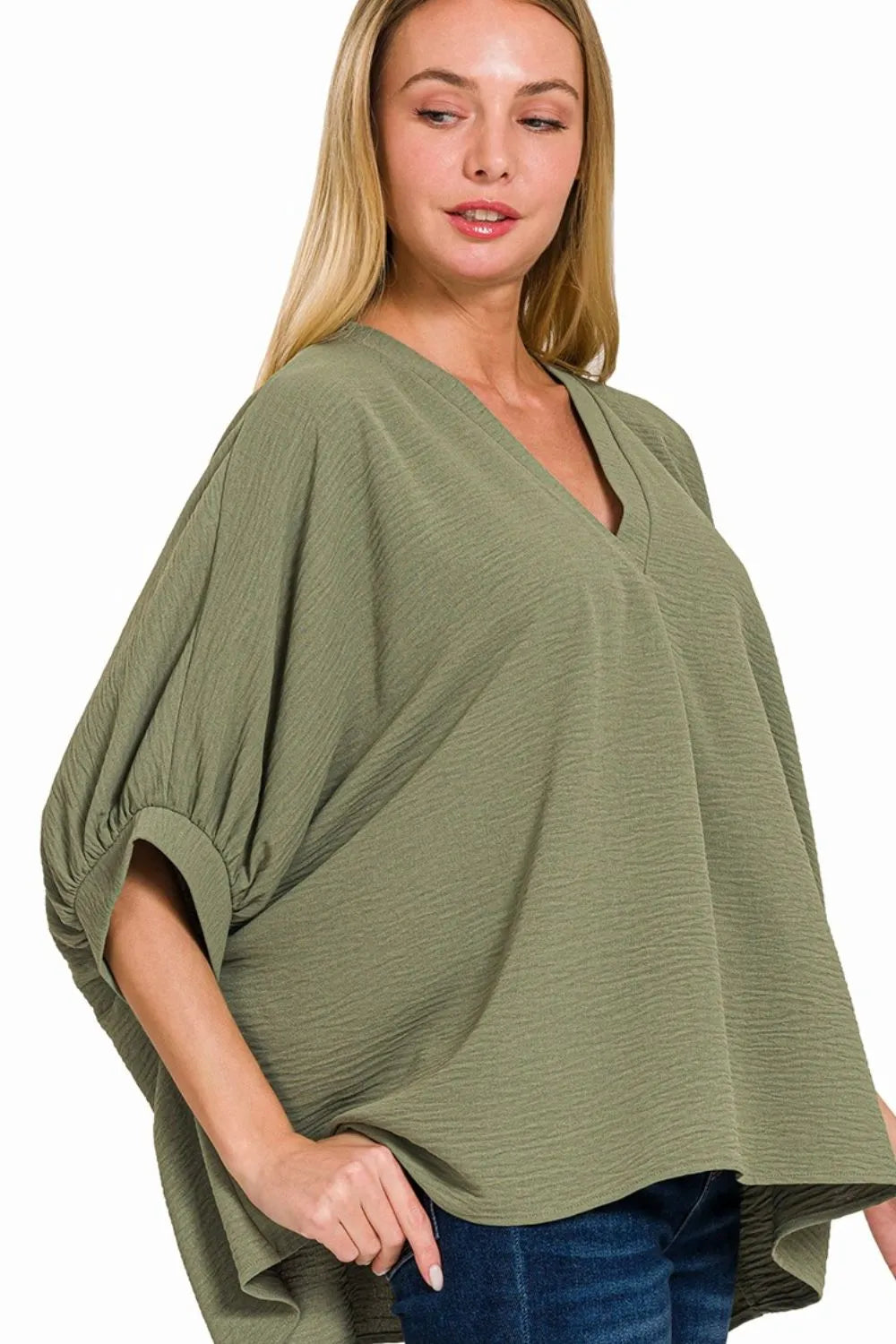 Sarah Express Women's Sage Green V-Neck Blouse | Puff Sleeve Oversized | Polyester | S/M-L/XL