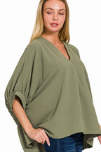 Sarah Express Women's Sage Green V-Neck Blouse | Puff Sleeve Oversized | Polyester | S/M-L/XL