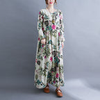 Women's Plus Size Printed Maxi Dress Long Sleeve Cotton Blend Literary Sweet Style
