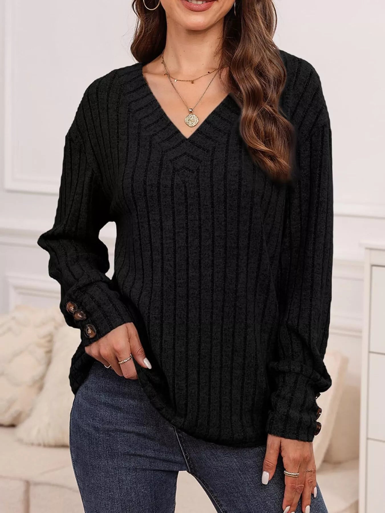 Sarah Express Women's Ribbed V-Neck Long Sleeve Top Black