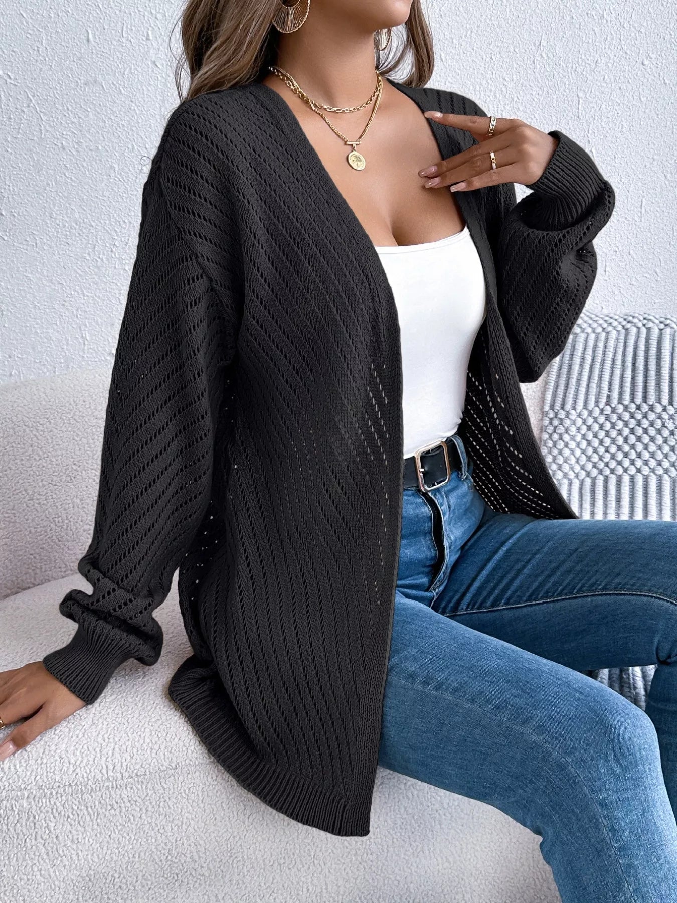 Sarah Express Women's Openwork Open-Front Long Sleeve Cardigan