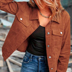 Women's Corduroy Button-Up Jacket Lightweight Fall Spring Outerwear Flap Pockets