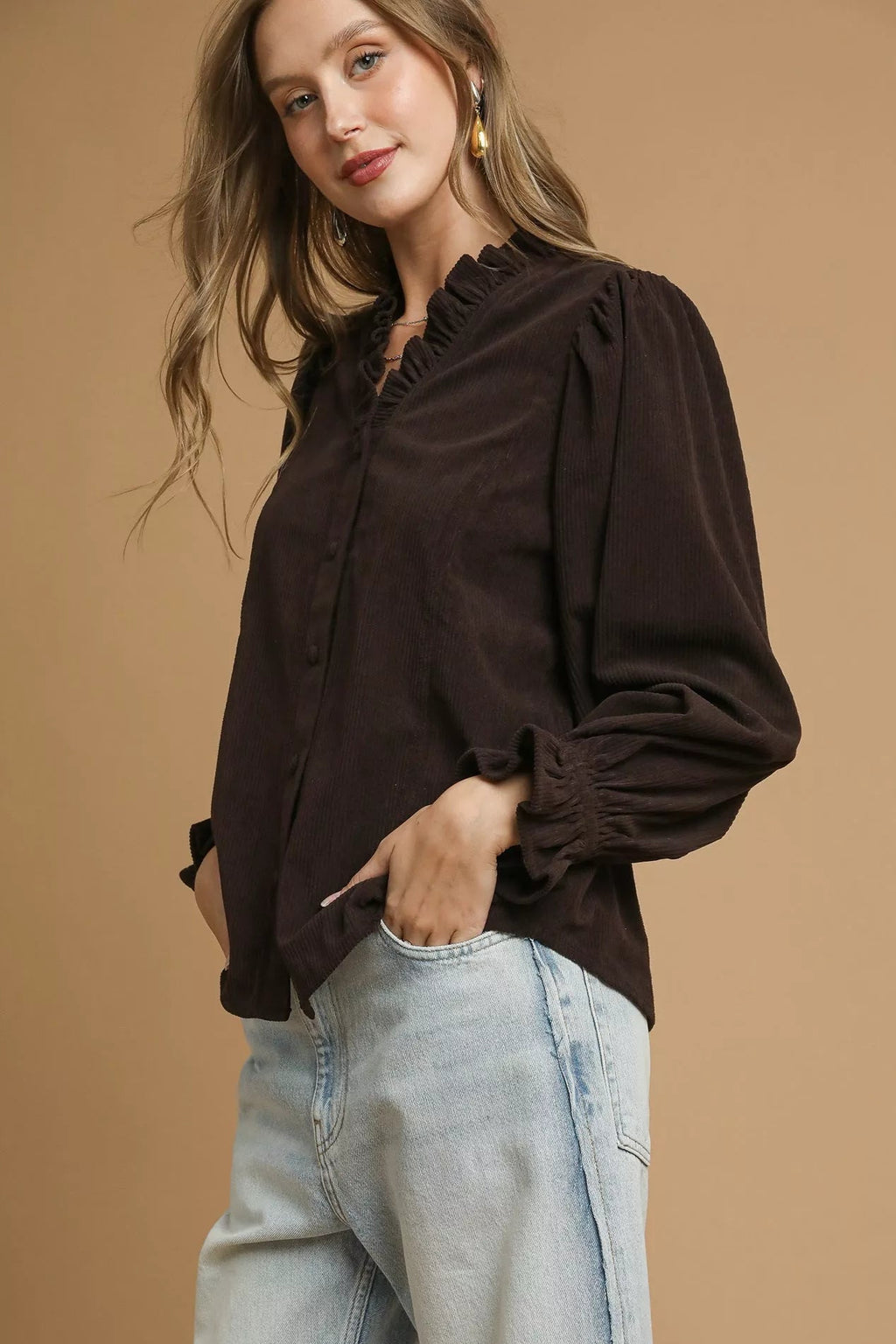 Oversized Corduroy Ruffle Puff Sleeve Shirt | Sarah Express
