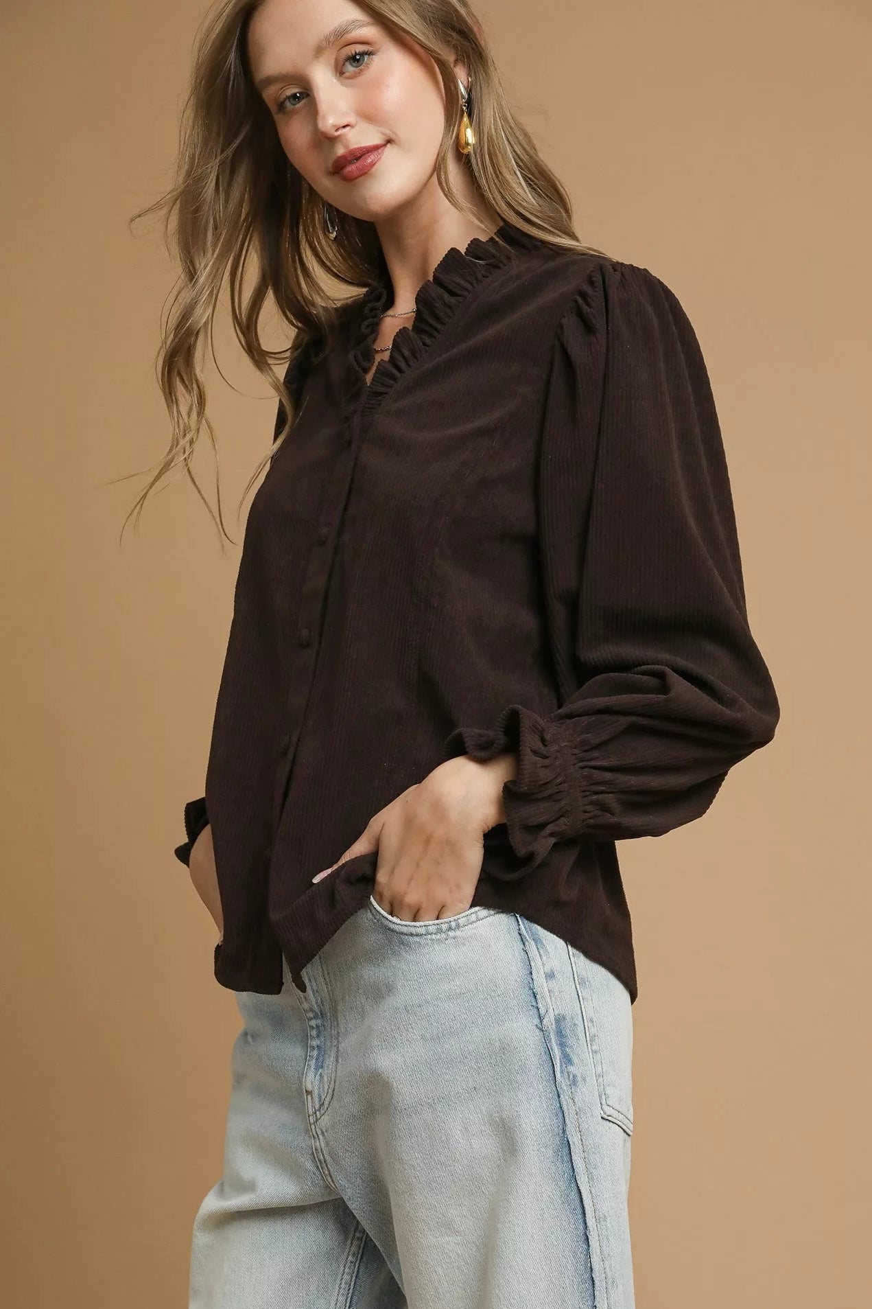 Oversized Corduroy Ruffle Puff Sleeve Shirt | Sarah Express
