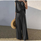 Women's Cotton Linen Two-Piece Set Sleeveless Top Wide Leg Pants Casual