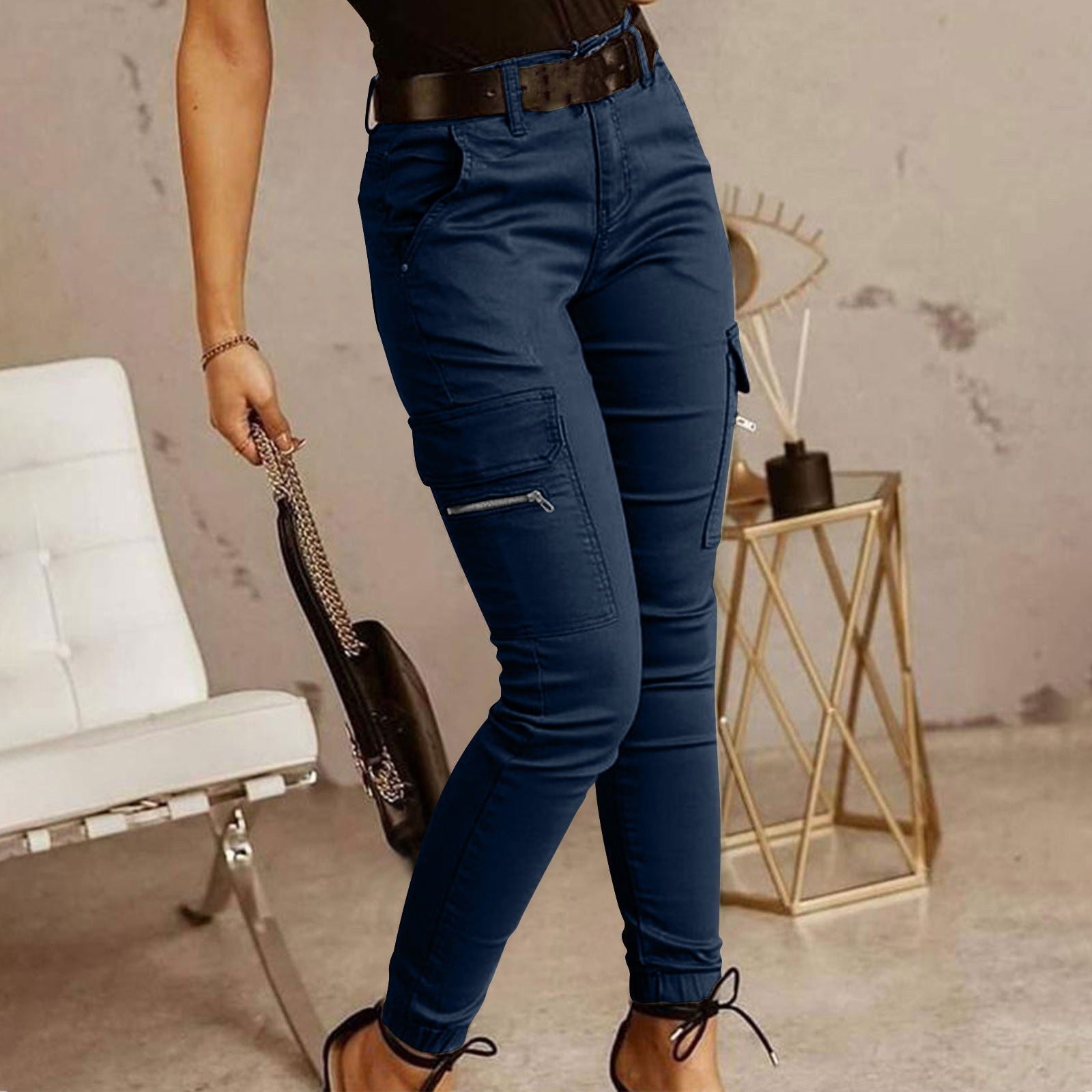 Women's Low Waist Cotton Blend Cargo Overalls Loose Fit Button Detail Trousers