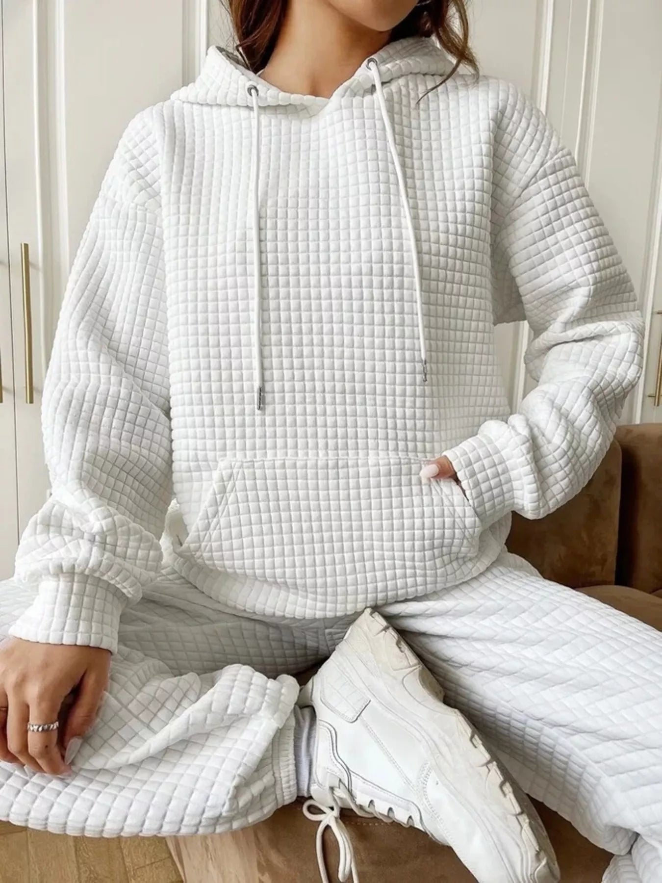 Sarah Express Women's Waffle Knit Hoodie with Drawstring and Pockets White