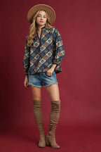 Abstract Print Ruffle Neck Top