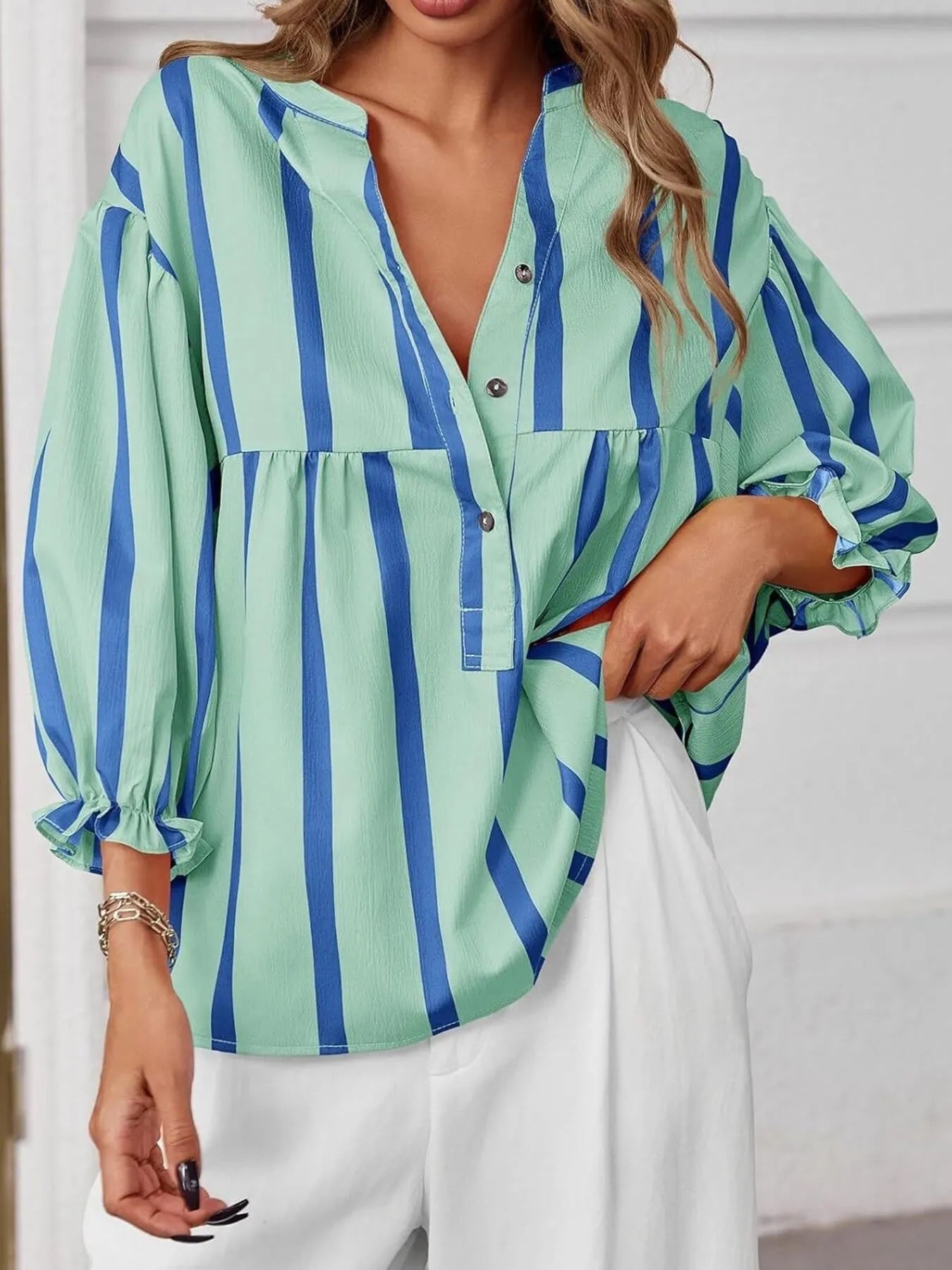 Sarah Express Women's Striped Button Front Notched Blouse