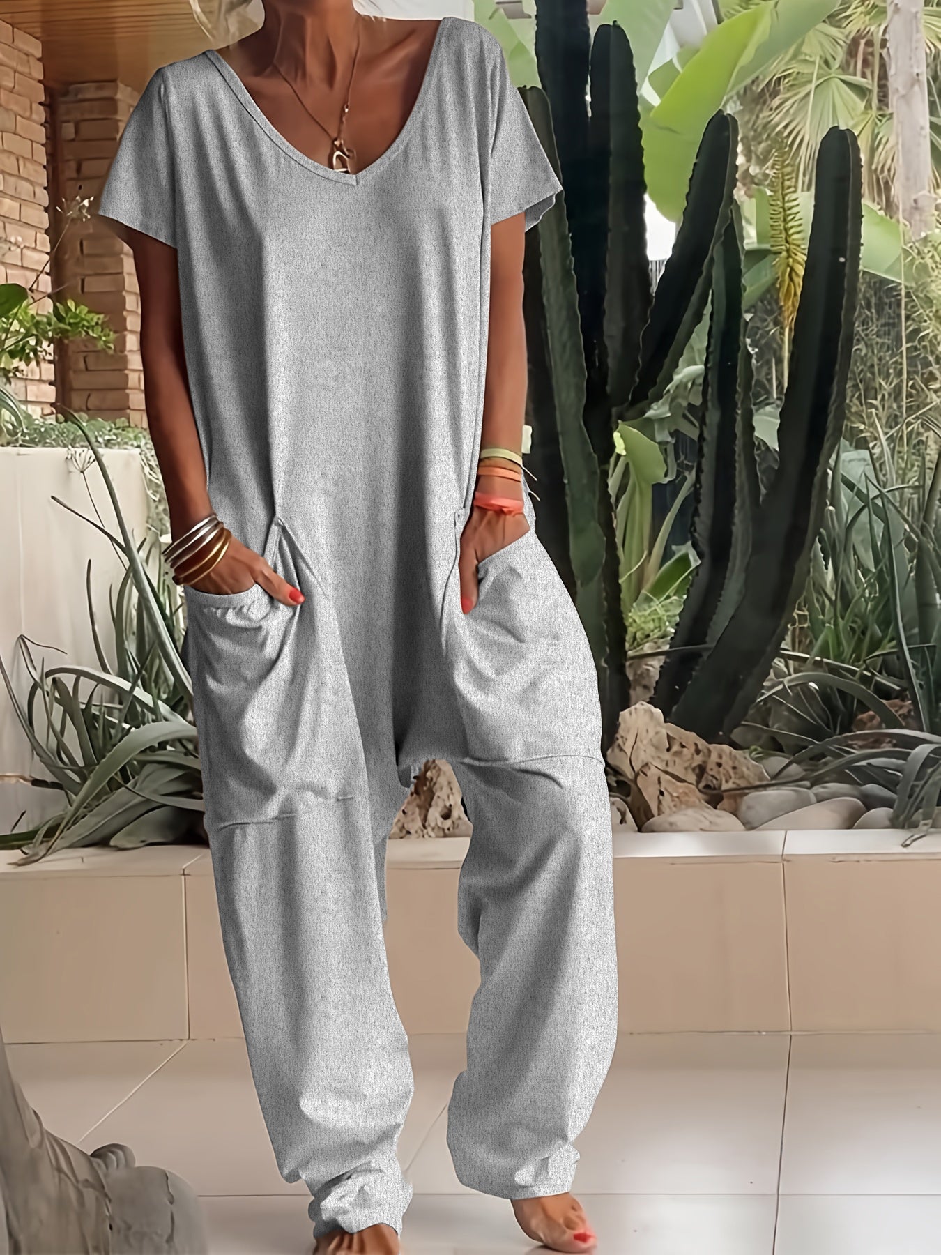 Women's V-Neck Oversized Jumpsuit Quarter Sleeve Pockets Casual Street Style Spring Summer