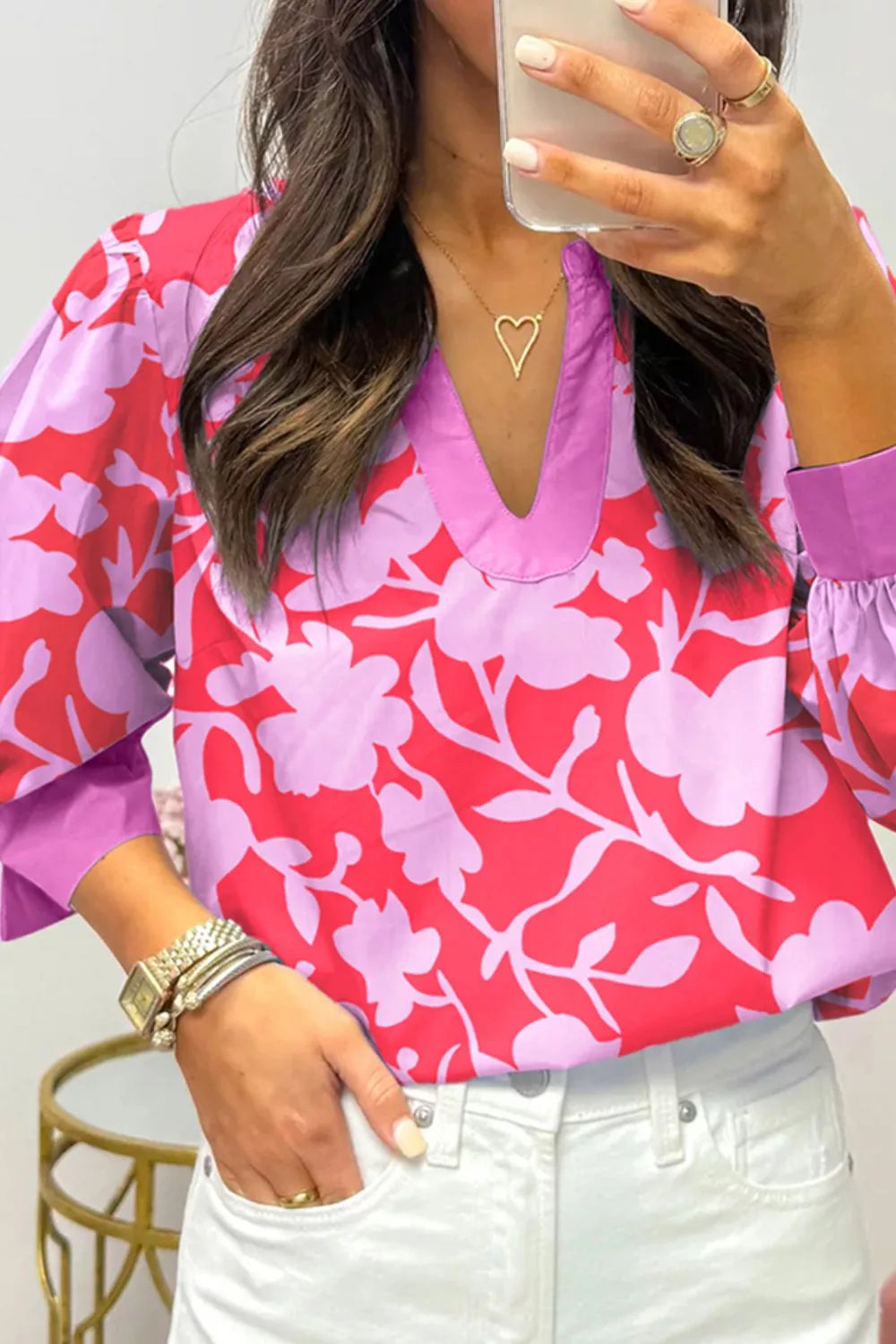 Sarah Express Women's Printed Notched Long Sleeve Blouse