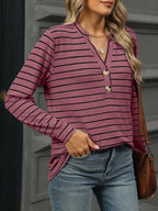 Sarah Express Women's Striped Henley T-Shirt with Button Detail