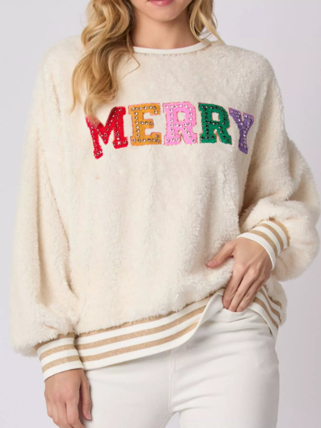 Sarah Express Women's Rhinestone Merry Christmas Round Neck Sweatshirt