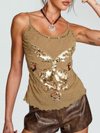 Sarah Express Women's Sequin Butterfly Scoop Neck Cami Brown