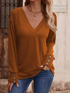 Sarah Express Women's V-Neck Long Sleeve T-Shirt - Button Detail Casual Top
