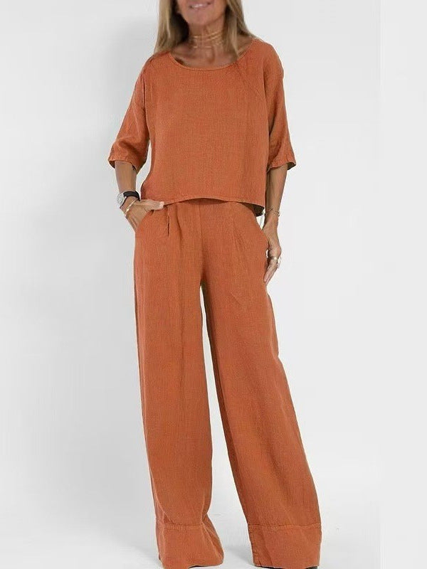 Cotton Linen Two-Piece Pants Suit Cropped Sleeve Wide Leg Casual Set