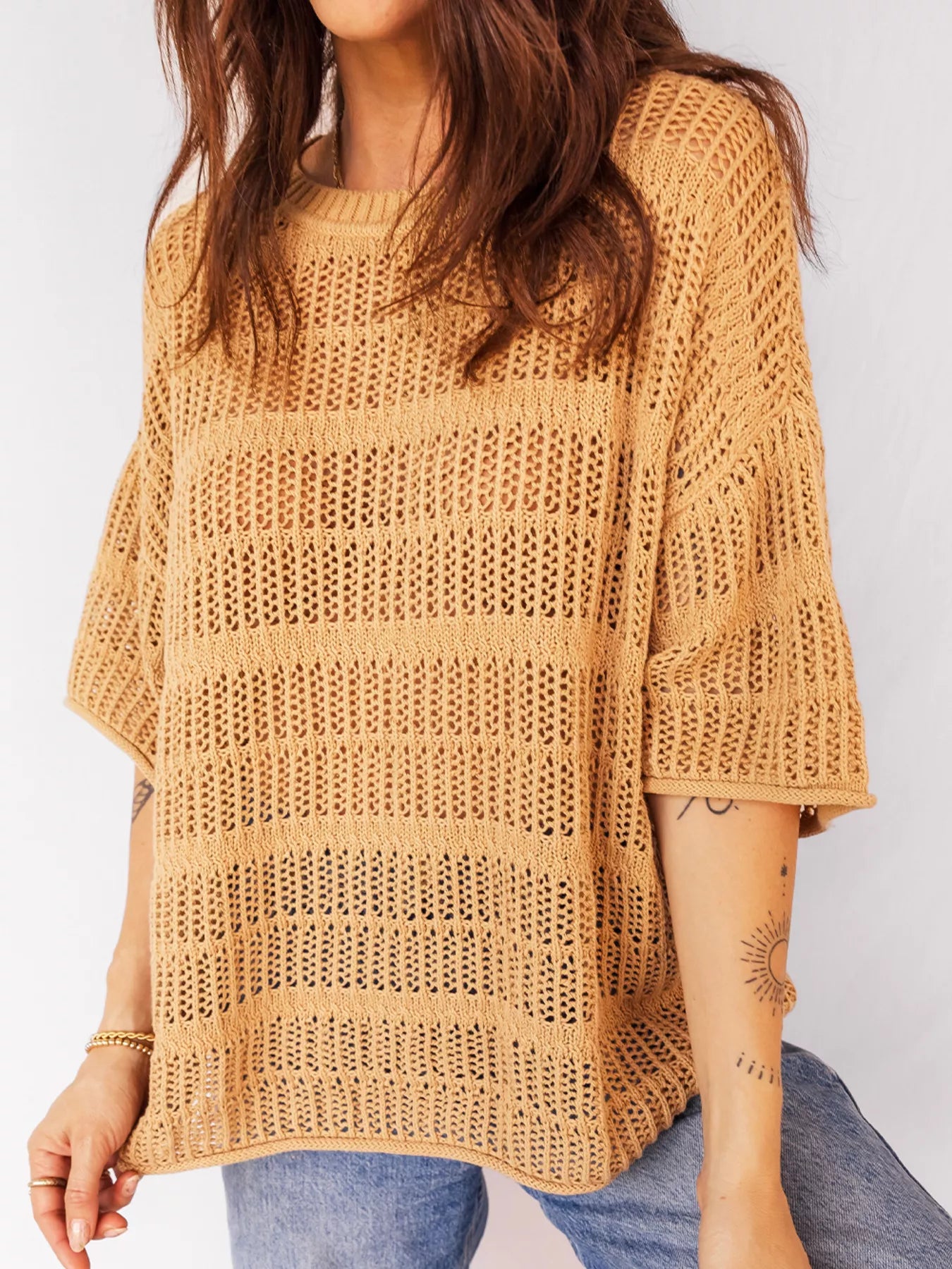 Sarah Express Women's Hollow Out Openwork Knit 3/4 Sleeve Sweater