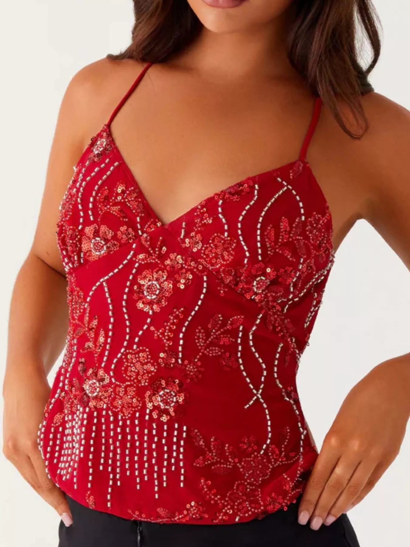 Sarah Express Women's Embroidered Sequin Tie Back Cami Red