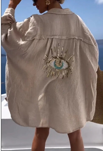 Sequin Beaded Beach Cardigan Shirt Long Sleeve Loose Fit