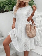 Women's Embroidered Floral Maxi Dress Ruffle Sleeve A-Line White Cotton Blend