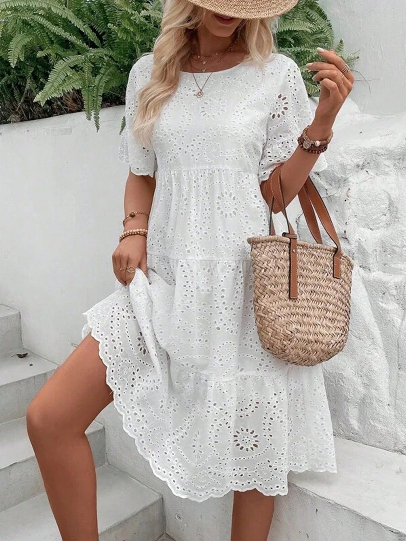 Women's Embroidered Floral Maxi Dress Ruffle Sleeve A-Line White Cotton Blend