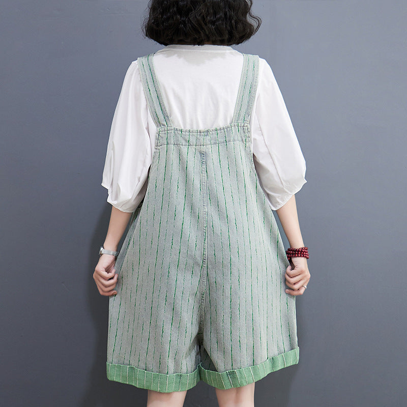 Women's Striped Denim Shortalls High Waist Wide Leg - Summer Casual Urban Overalls