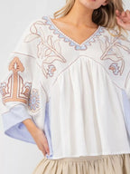 Sarah Express Women's Printed V-Neck Top with Contrast Trim Details