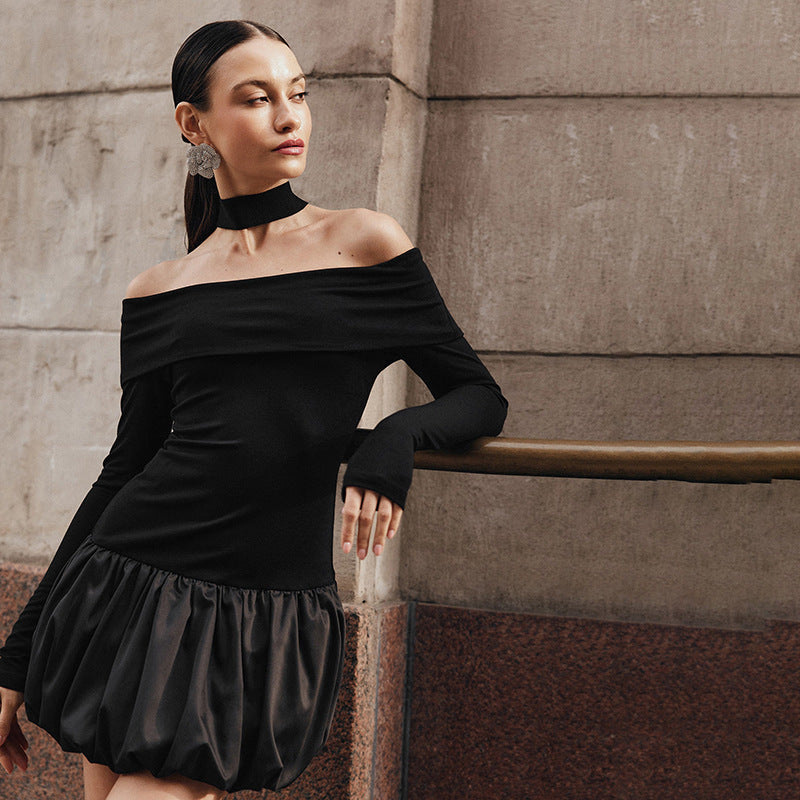 Off-Shoulder High Waist Dress Long Sleeve Contrast Stitching