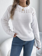Sarah Express Women's Openwork Round Neck Long Sleeve Sweater
