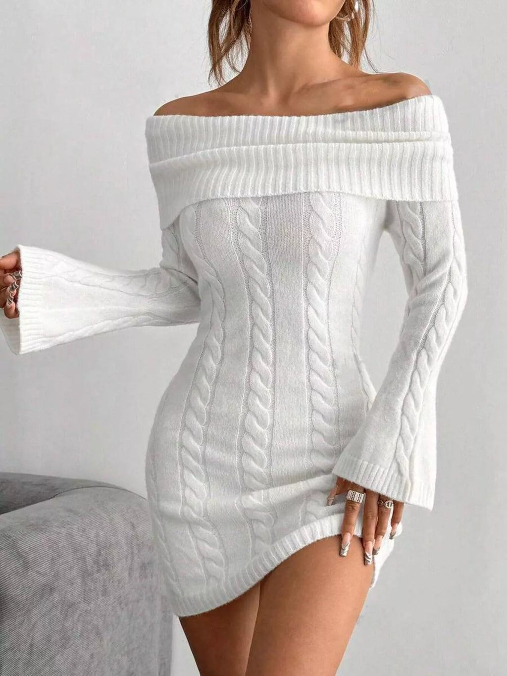 Sarah Express Women's Off-Shoulder Cable Knit Bodycon Sweater Dress