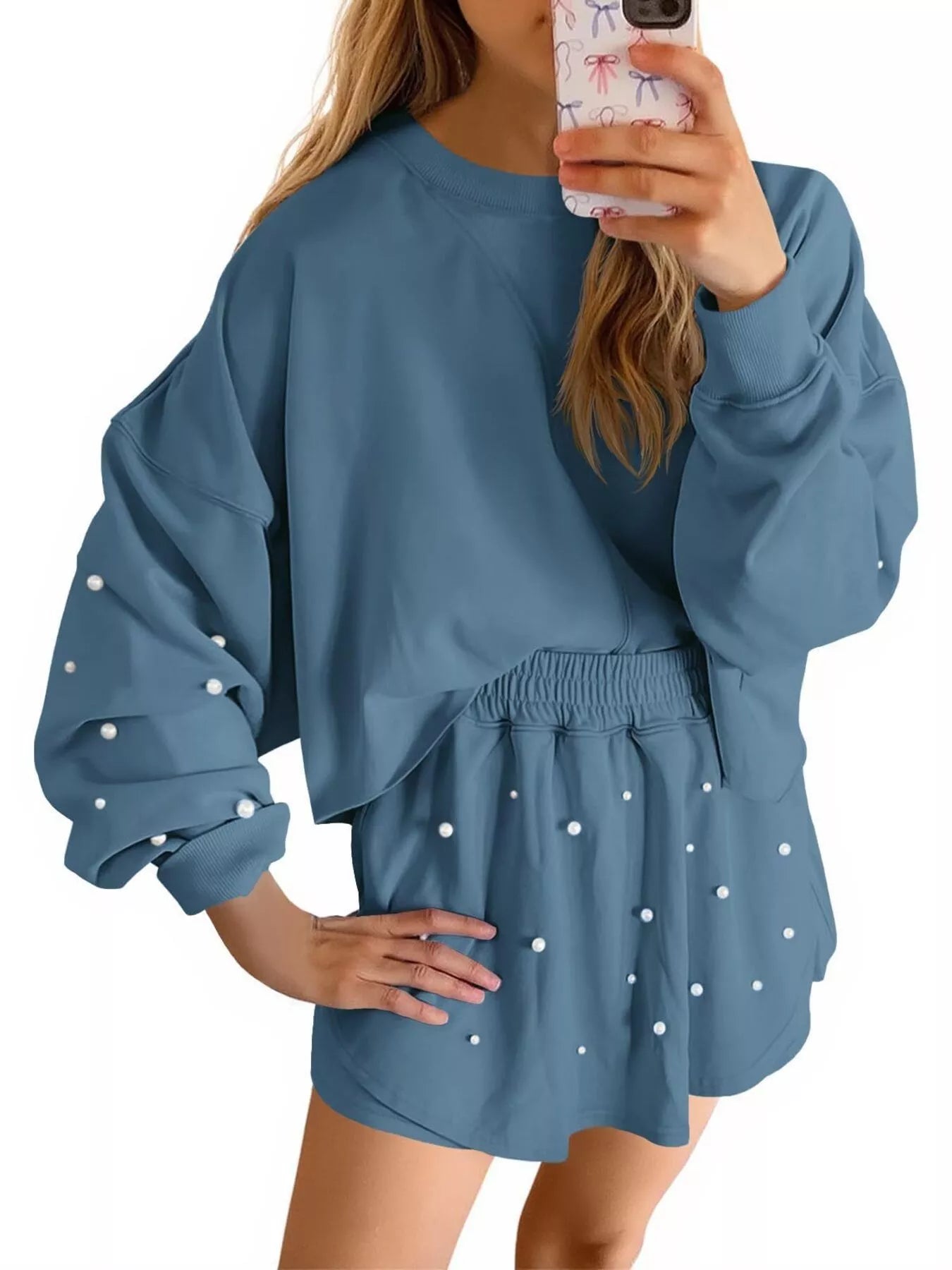 Sarah Express Women's Pearl Embellished Round Neck Top and Skort Set Dark Blue