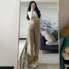 High Waist Wide Leg Jeans for Women Cotton Khaki Retro Straight Pants