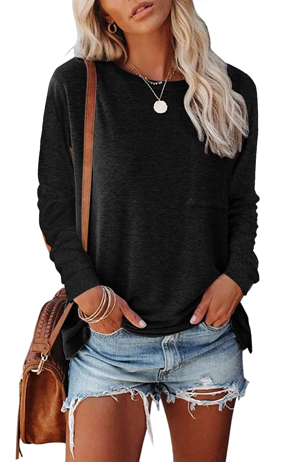 Women's Long Sleeve Pocket T-Shirt Split Hem Casual Cotton Blend Top