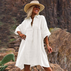 Women's Artistic Button Midi Dress Short Sleeve