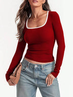 Sarah Express Women's Contrast Trim Long Sleeve Top