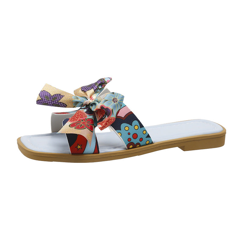 Sarah Express Bow Detail Square Toe Low Heel Sandals Blue
