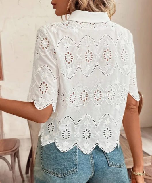 Women's Classic White Short Sleeve Shirt Elegant Blouse