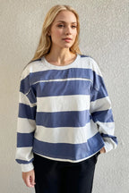 Sarah Express Women's Pima Cotton Striped Long Sleeve T-Shirt - Exposed Seam Detail
