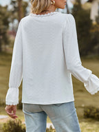 Sarah Express Women's Lace Trim V-Neck Blouse with Flounce Sleeves