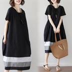 Sarah Express Women's Cotton Linen Midi Dress Short Sleeve Color Block - Casual Plus Size One Size Black