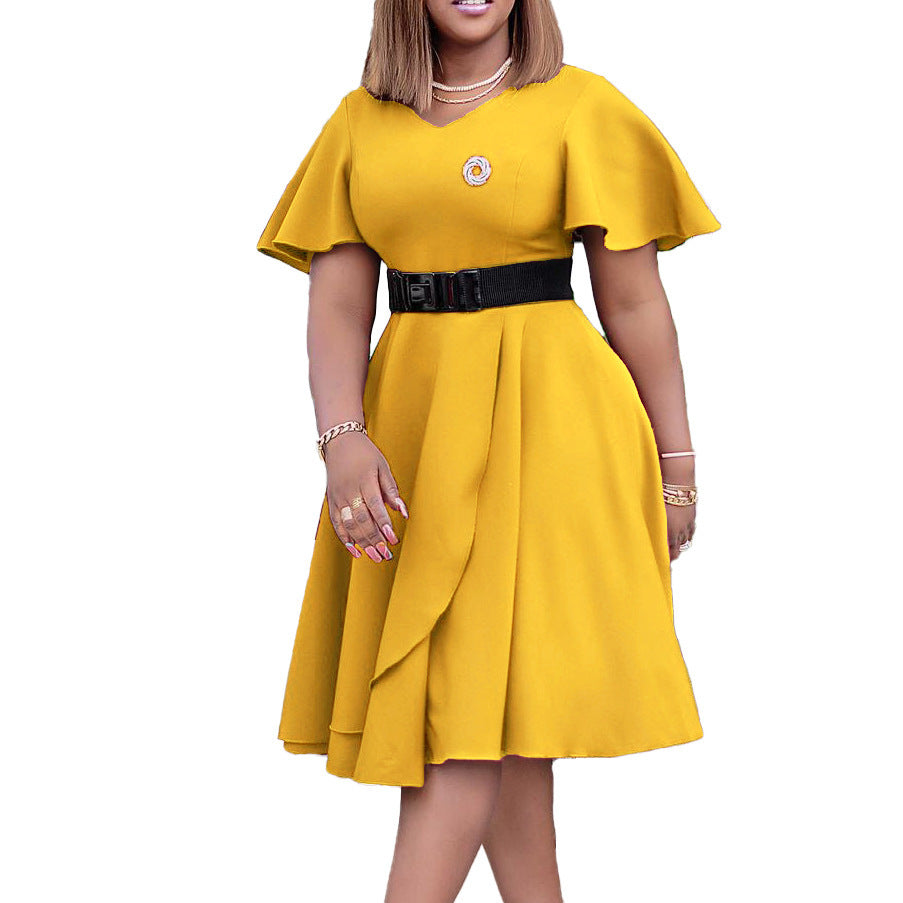Women's Flared Sleeve Belted High Waist Mid-Length Dress Plus Size