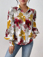 Sarah Express Women's Printed Button Up Lantern Sleeve Shirt