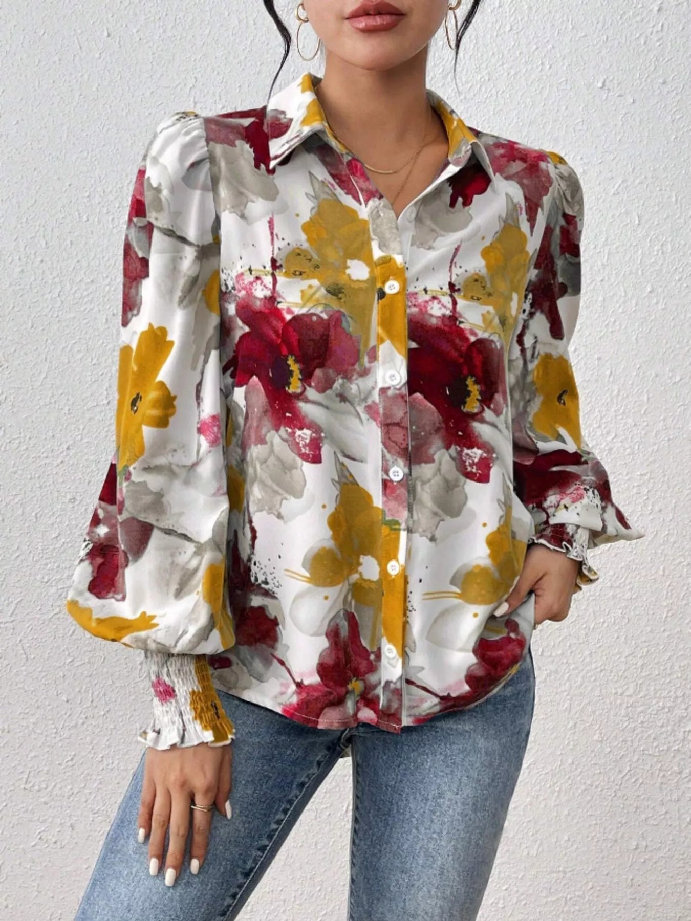 Sarah Express Women's Printed Button Up Lantern Sleeve Shirt