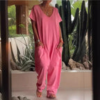 Women's V-Neck Oversized Jumpsuit Quarter Sleeve Pockets Casual Street Style Spring Summer