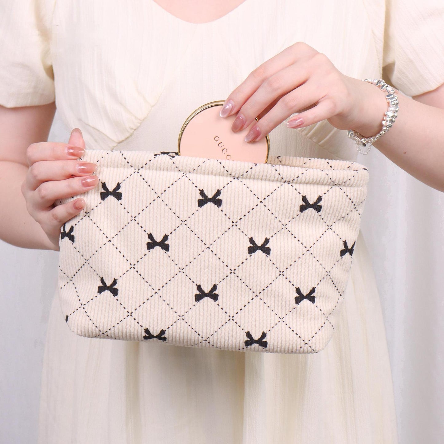 Sarah Express Corduroy Bow-Knot Makeup Bag - Large Capacity Cosmetic Organizer with Zipper