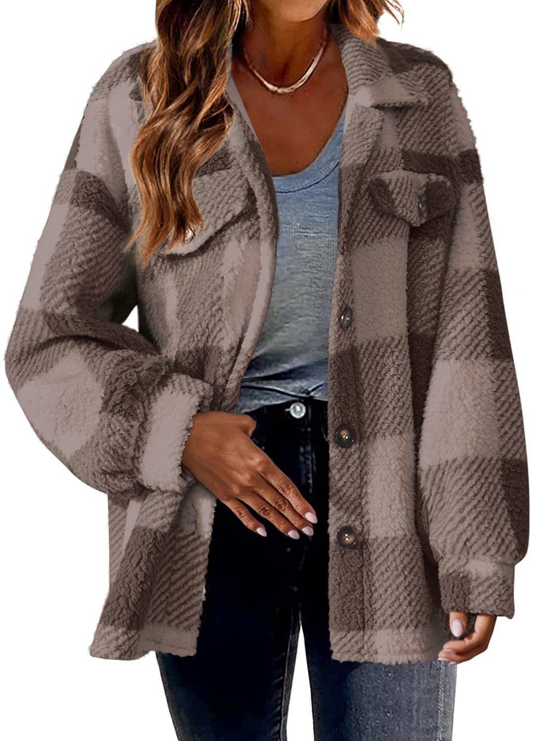 Women's Striped Plush Jacket - Button-Front Shacket Coat in 8 Colors - Loose Fit S-5XL Plus Size