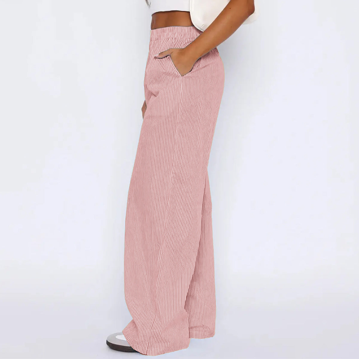 Women's Striped Wide Leg Pants - High Waist Straight Trousers with Pockets