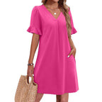 Women's V-Neck Ruffled A-Line Dress with Pockets Vacation Casual Short Sleeve