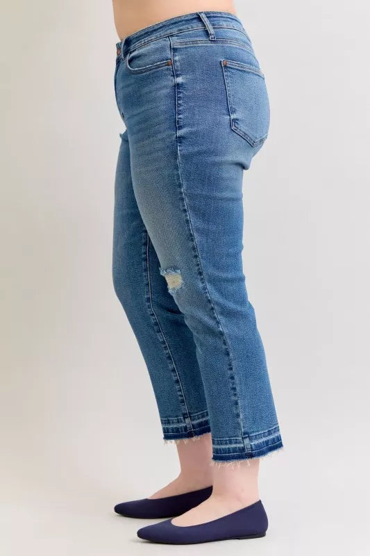 Sarah Express Women’s Plus Size Distressed Boyfriend Jeans with Patch & Repair
